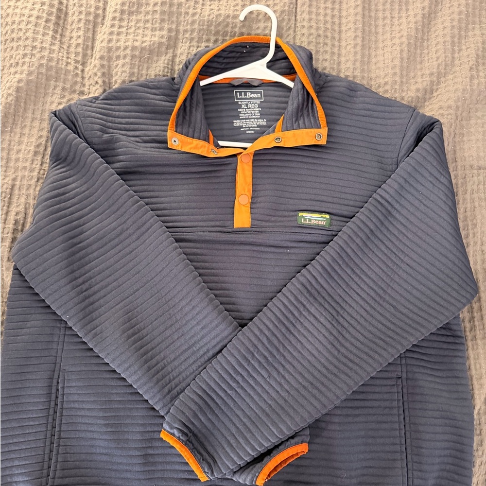 L.L. Bean Navy Quilted Pullover with Orange Trim